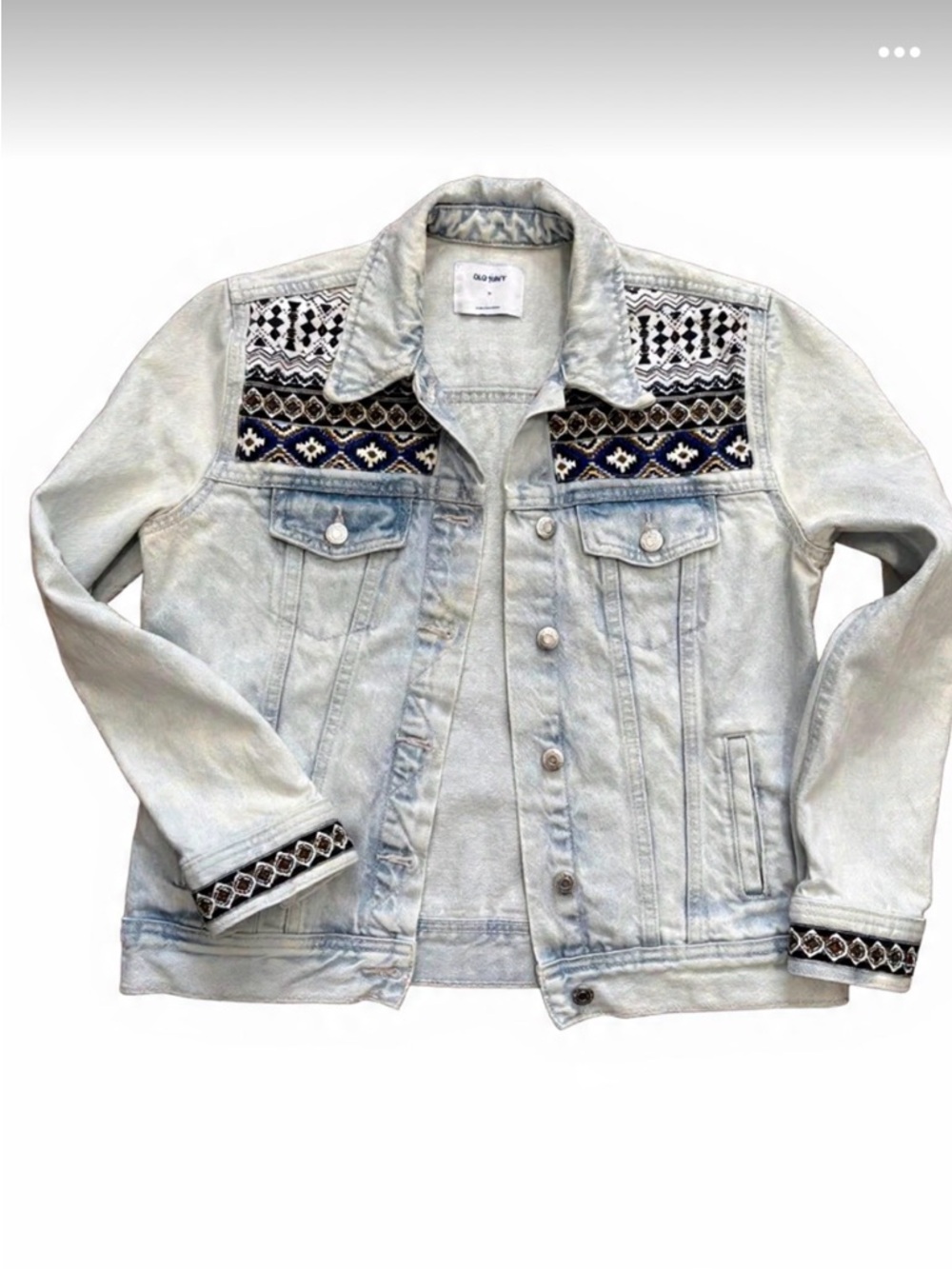 Light Wash Denim Jacket with Blue & Black Aztec Print Accents Medium